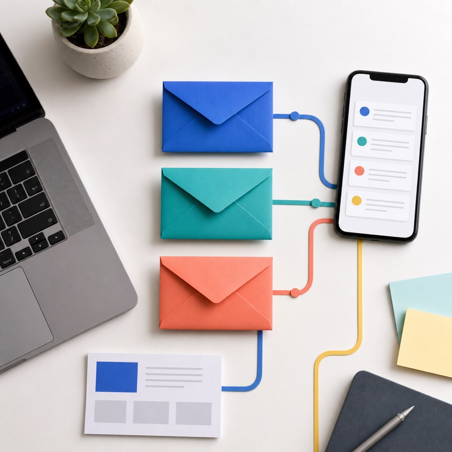 Colourful envelopes connected to a phone inbox on a clean desk.