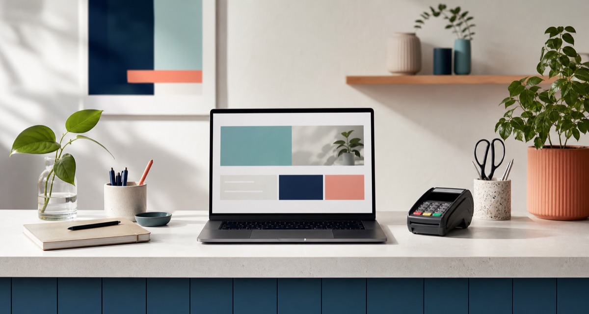 A clean small-business counter with a laptop showing a simple website layout.